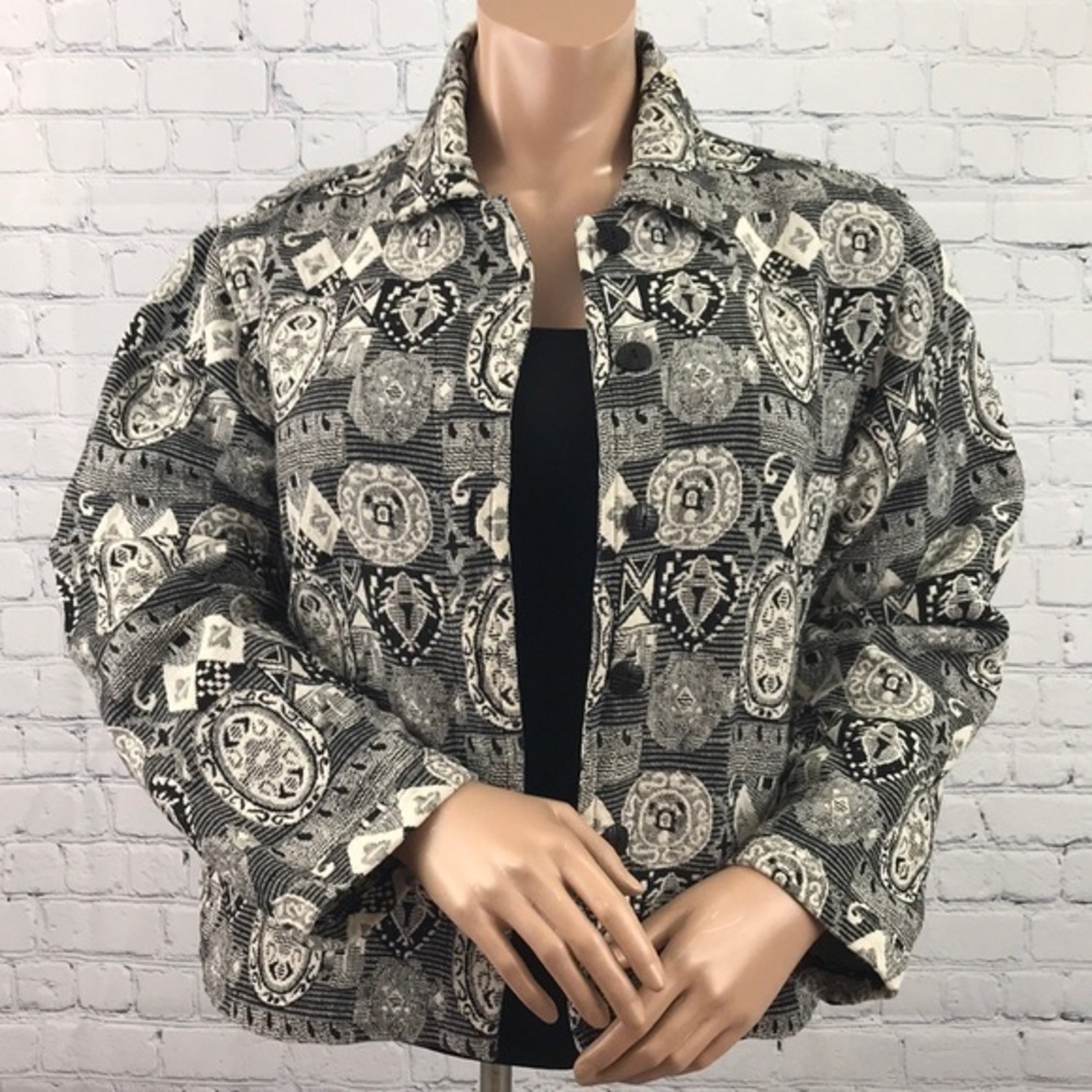 CHICO’S Black White Woven Tapestry Jacket sz 2/L
